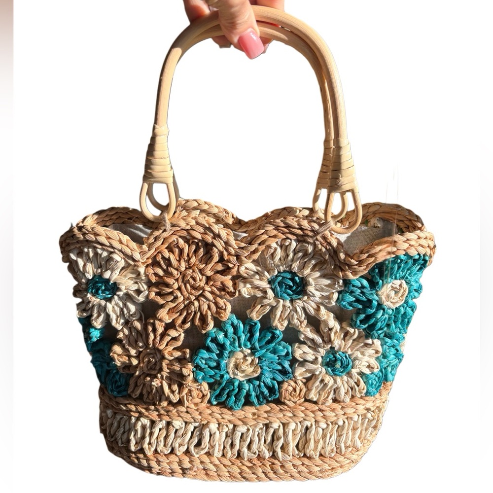 Haute Hippie Teal Floral Straw Summer Beach Tote Purse